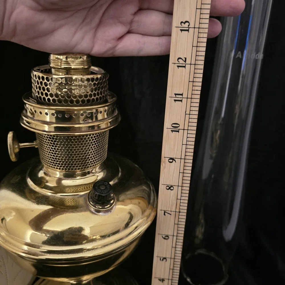 VTG Aladdin 12 Brass Oil to Electric Lamp, Lox-on Chimney & Cut-out Floral Shade